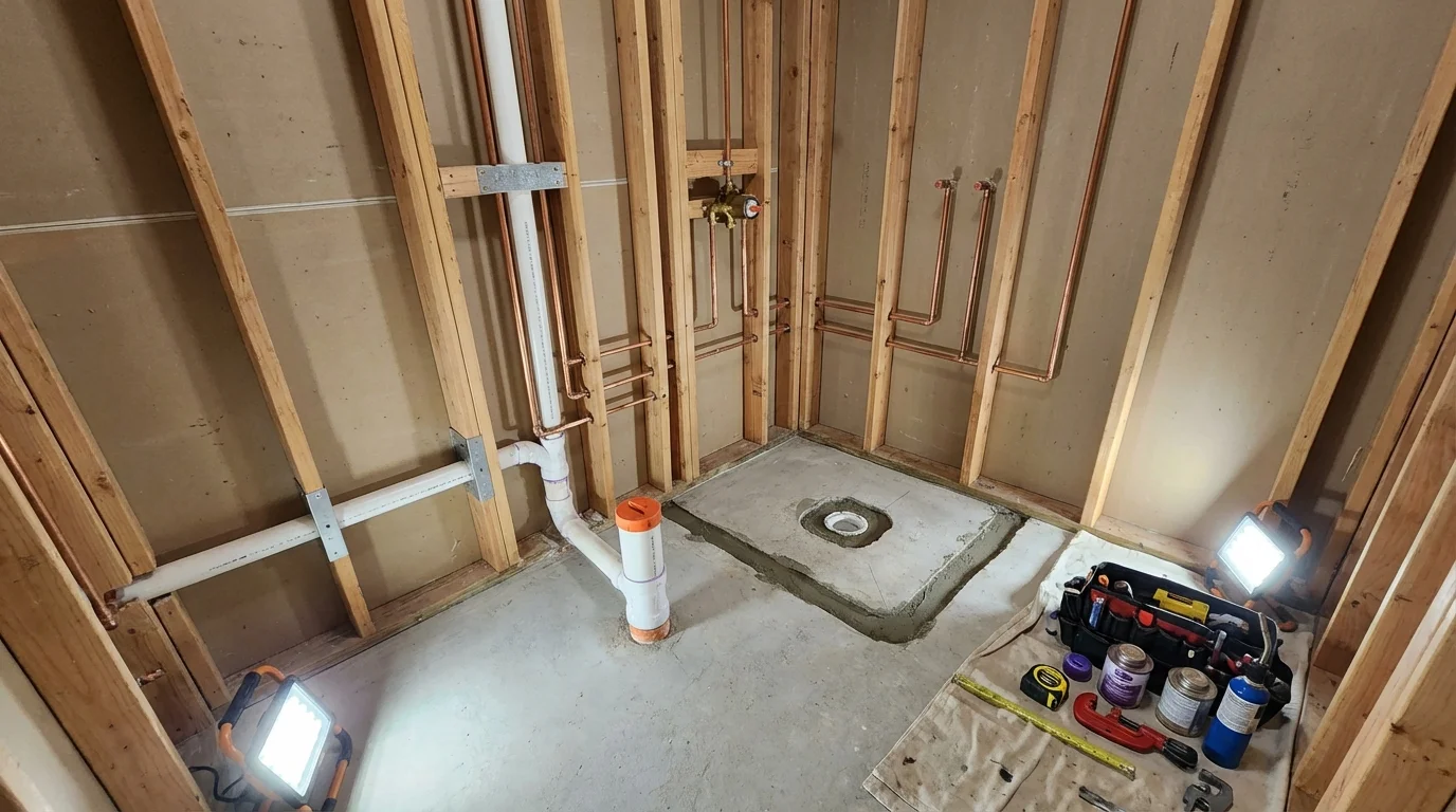 Bathroom rough-in plumbing during remodel by Johns Plumbing LLC in Woodburn