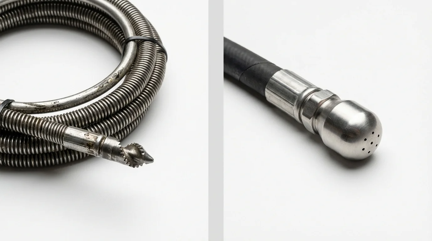 Drain snake cable and hydro jetting nozzle used for drain cleaning in Woodburn, IN