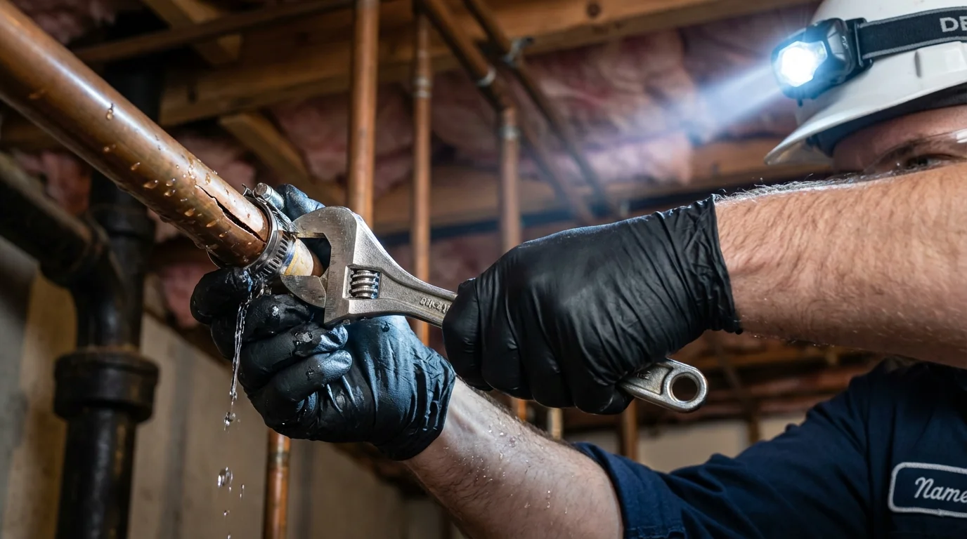 Emergency pipe clamp repair being performed by a Johns Plumbing LLC plumber in Woodburn