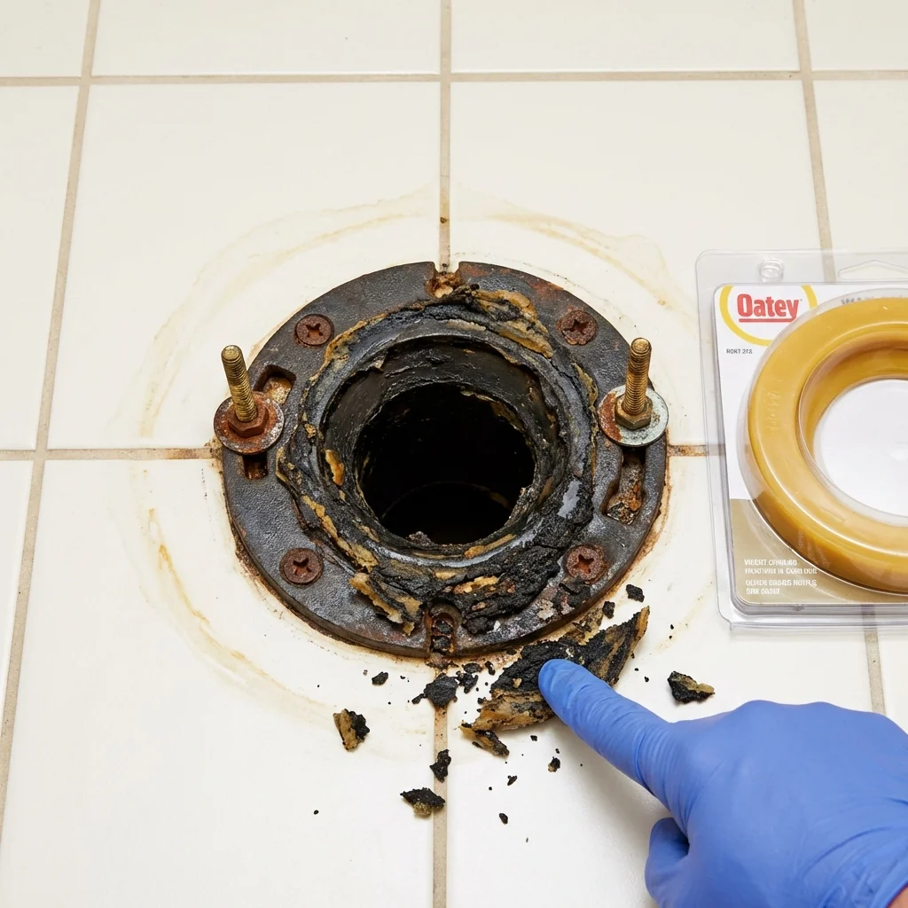 Failed wax ring showing water seepage at the base of a toilet in a Woodburn, IN home