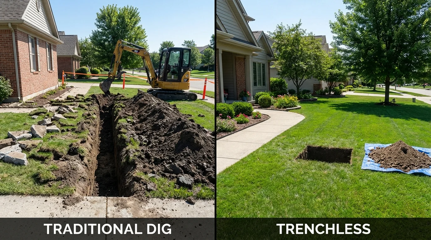Trenchless sewer repair with minimal yard damage versus traditional excavation in Woodburn, IN