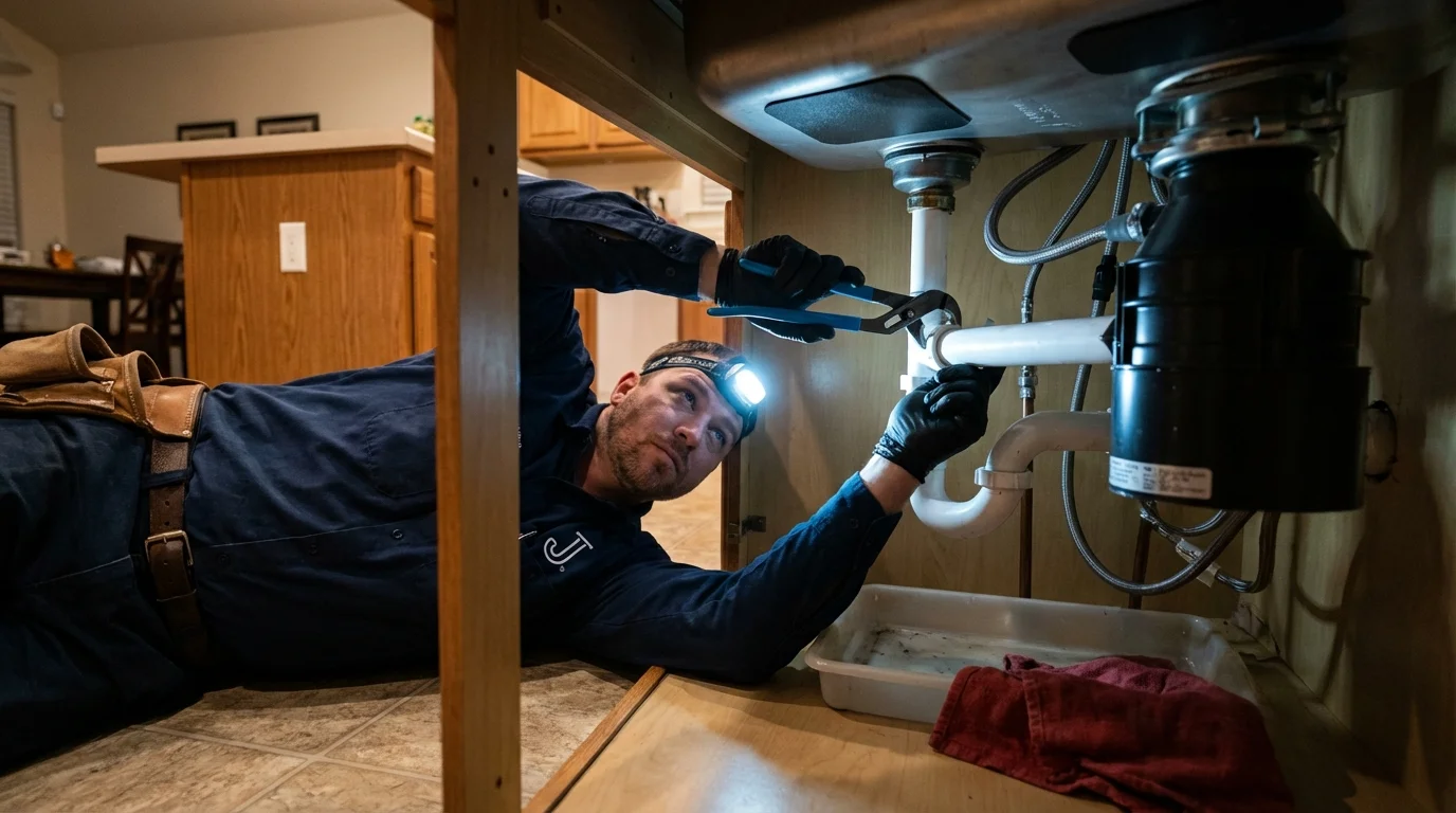 P-trap and supply line connections under a kitchen sink showing a common leak point in Woodburn, IN
